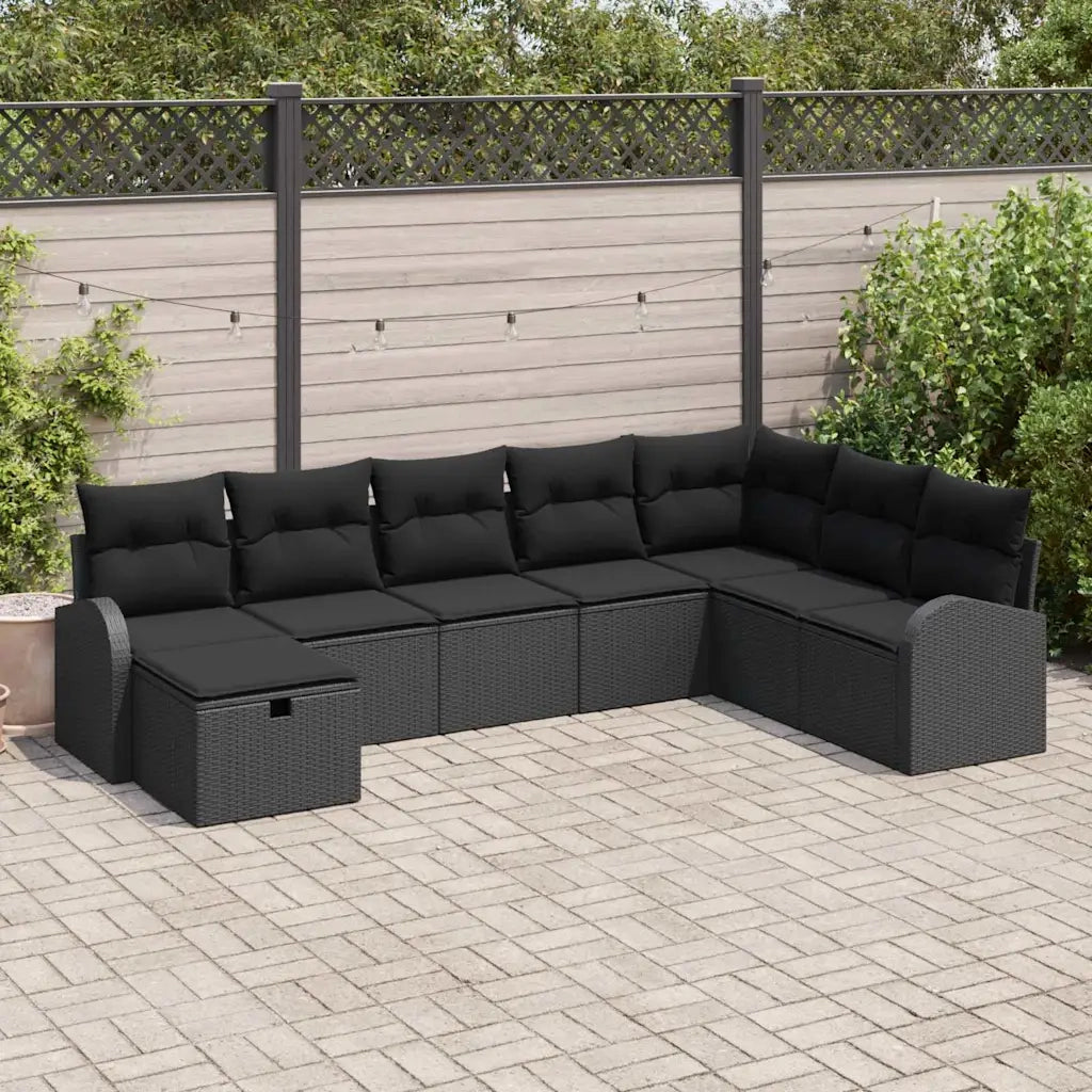 Set Divano da Giardino con cuscino 8 pcs Nero Poly Rattan