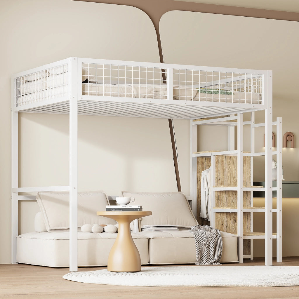 LETTO A CASTELLO 140x200 cm in metallo bianco con scala e armadio