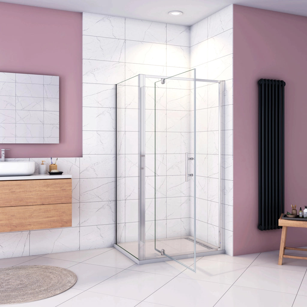 185cm Box Doccia Angolare Porta Girevole Battente con Parete Fissa 90x90cm in Vetro Temperato Trasparente 5 mm Profilo Cromo Lucido