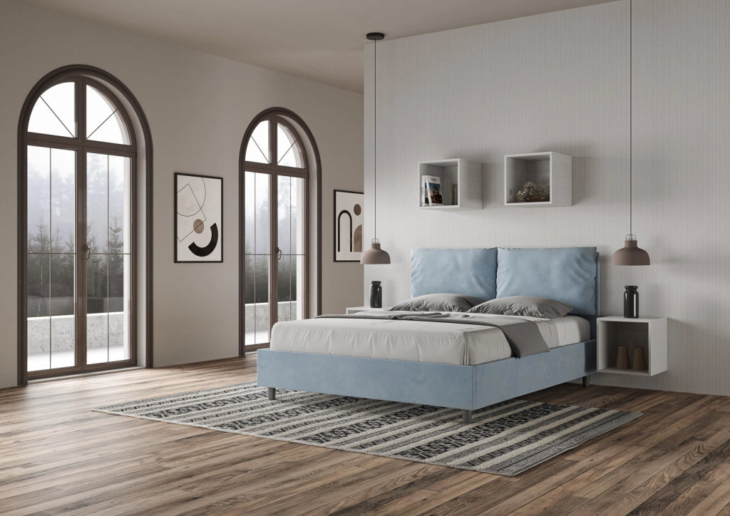 BS COM Letto queen size con rete imbottito 150x190 microfibra azzurro
