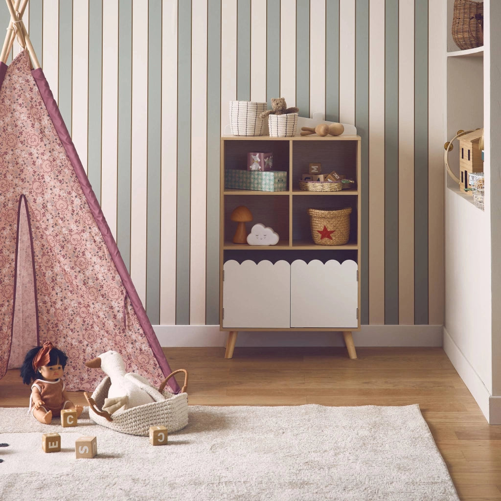 Biblioteca per bambini in legno di pino 2 porte e 4 scaffali, bianco