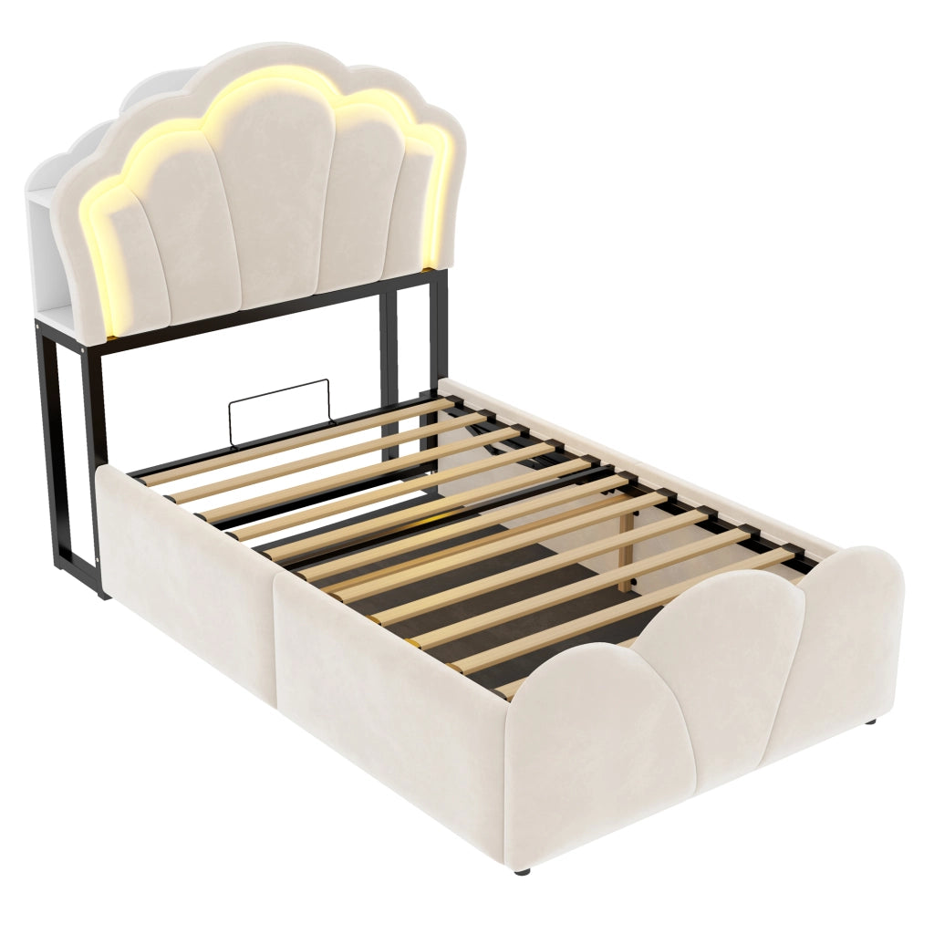 LETTO imbottito 90x200 cm in velluto beige con contenitore idraulico, LED e prese