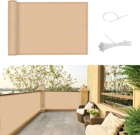 Schermo per balcone, protezione vista, 75 x 400 cm, copertura balcone, protezione UV PES, resistente al tempo, con cavi avvolgenti, colore sabbia