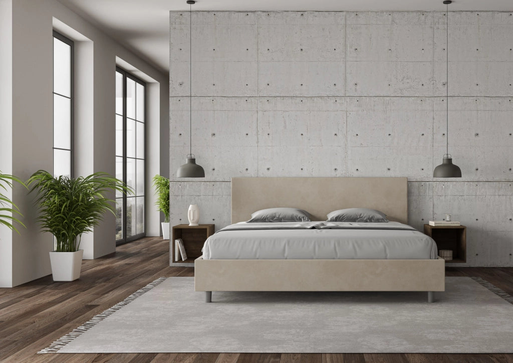 BS COM Letto con rete imbottito 180x210 microfibra sabbia