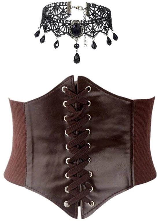 Corseto per donna nero - Corsetto con cinturino - Collare catenella - Costume da pirata medievale - Pelle sintetica duratura - Adattabile forma di vita
