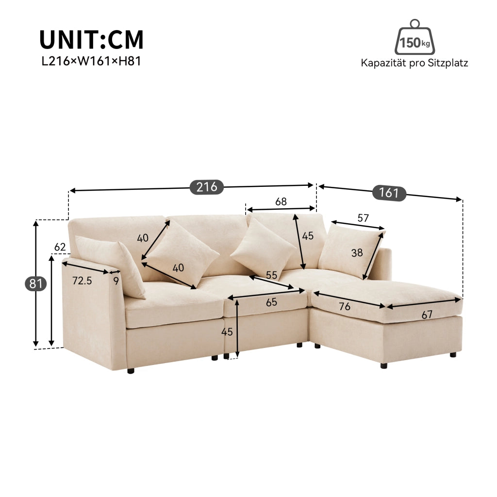Divano angolare modulare 3-4 posti con pouf mobile e 4 cuscini in chenille beige 216x161x81 cm