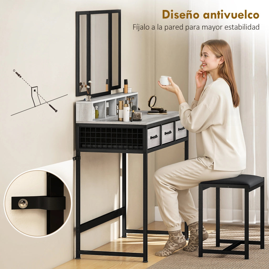 Cassettiera per Trucco con Specchio e Sgabello ¨C Minimal ¨C Grigio Tessuto 3 Cassetti