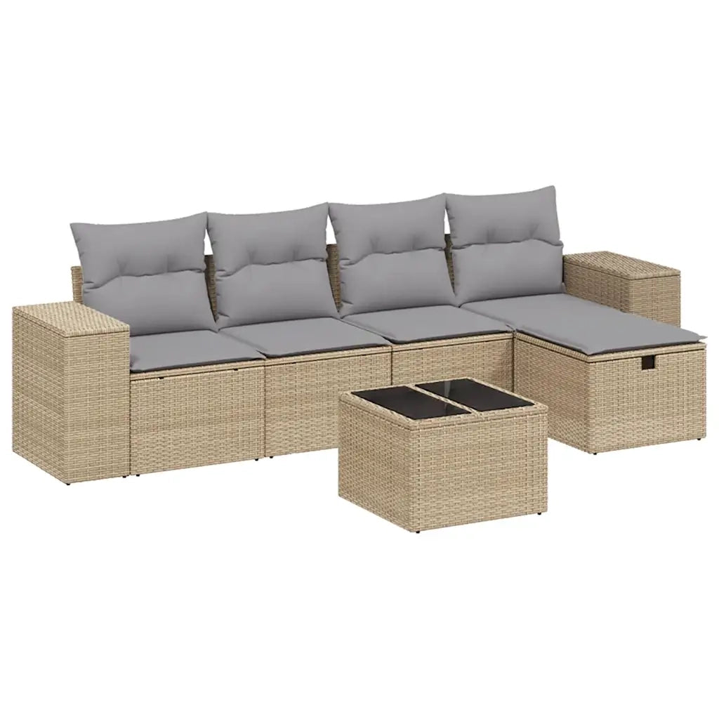 Set Divano da Giardino 6 pz con Cuscini Beige Misto Polyrattan