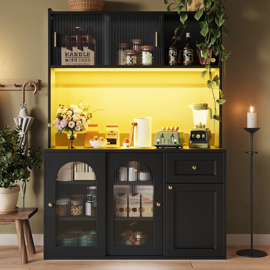 Credenza con LED ¨C MINIMAL ¨C Nero, Ante a Vetro, Ripiani Regolabili