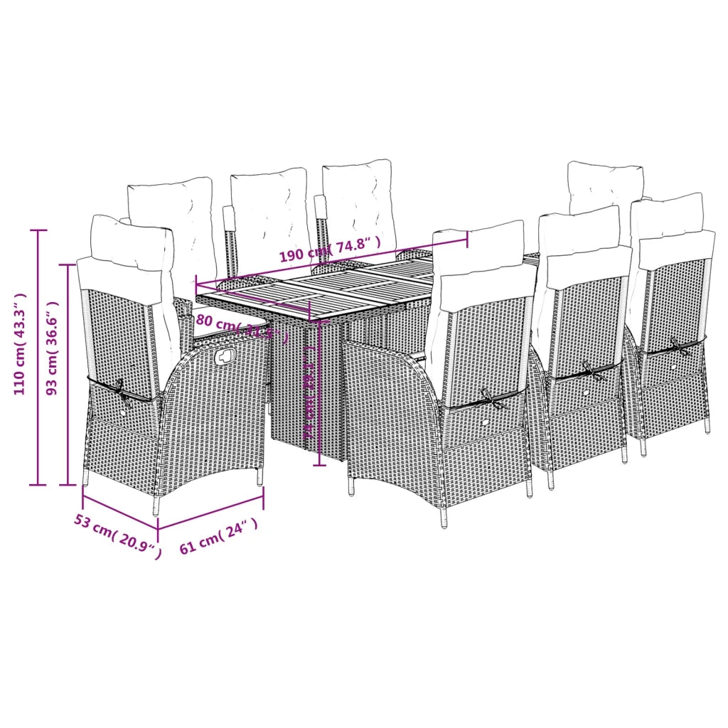 Set da Pranzo da Giardino 9 pz con Cuscini Beige in Polyrattan 3213146