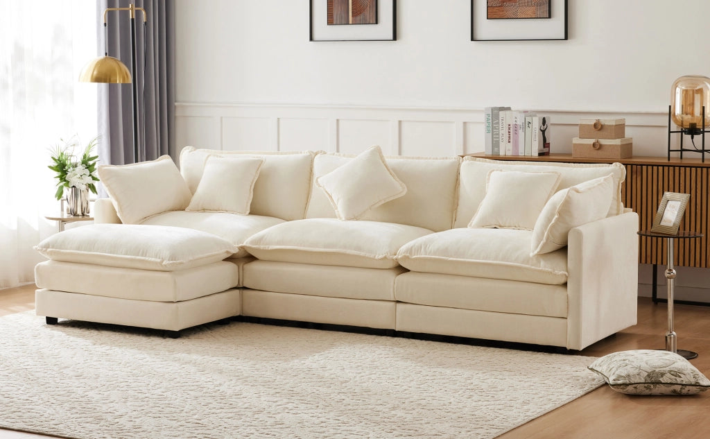 Divano angolare a 3 posti in chenille con pouf mobile e cuscini lombari per relax, beige 283 × 147 × 84 cm