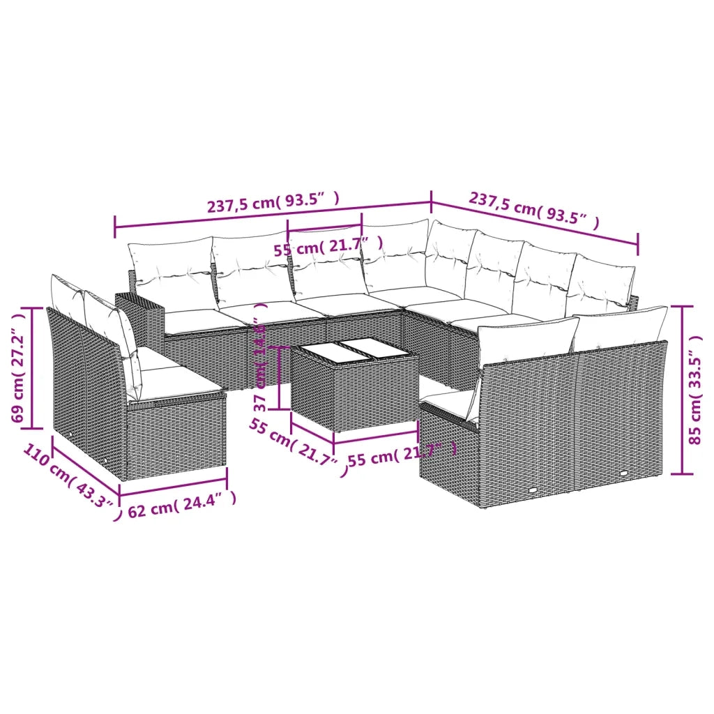 Set Divano Giardino 12 pz con Cuscini Grigio Chiaro Polyrattan 3251479