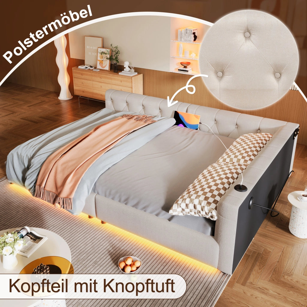 Letto divano con rete a doghe in lino beige 140x200 cm
