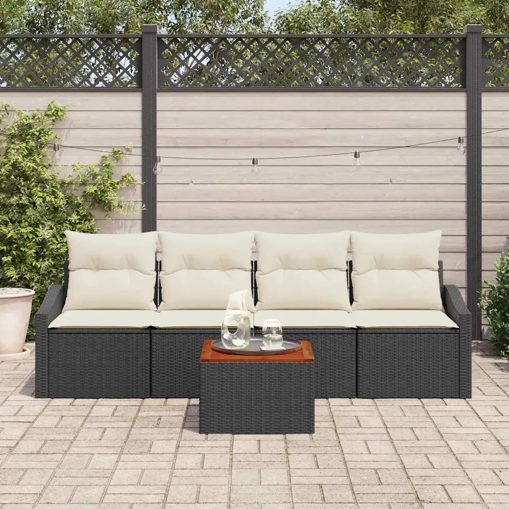 Set Divano da Giardino 5 pcs Nero e Crema polyrattan