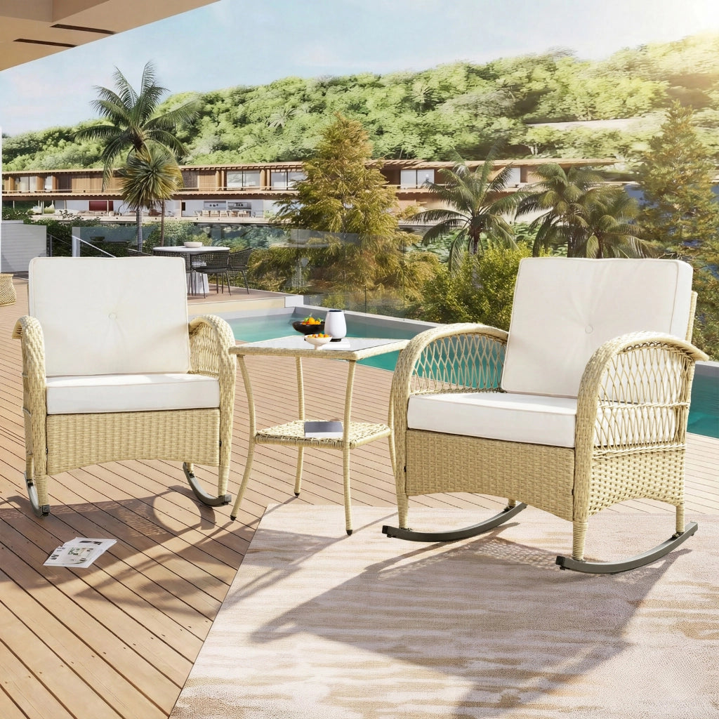Set da balcone a dondolo 3 pezzi con tavolino in vetro temperato e cuscini beige