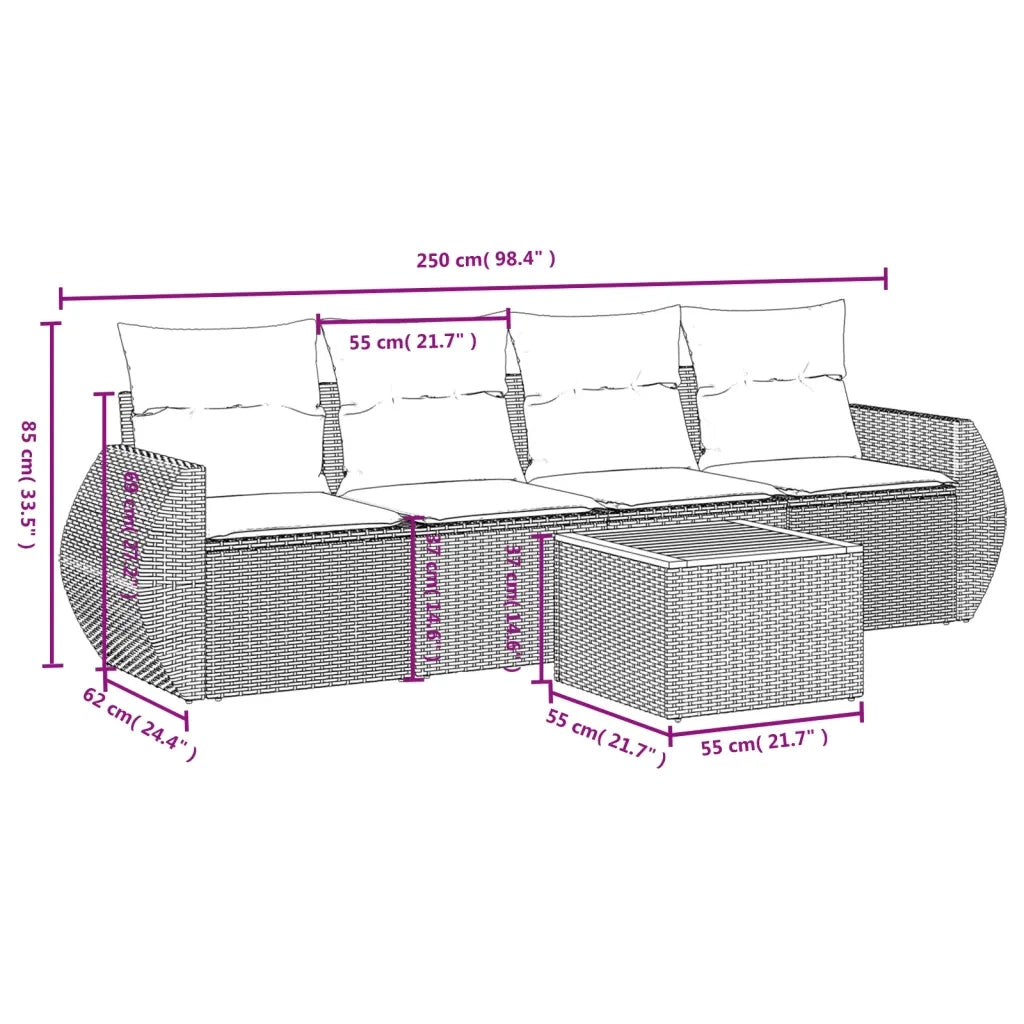 Set Divano da Giardino 5 pz con Cuscini Beige in Polyrattan