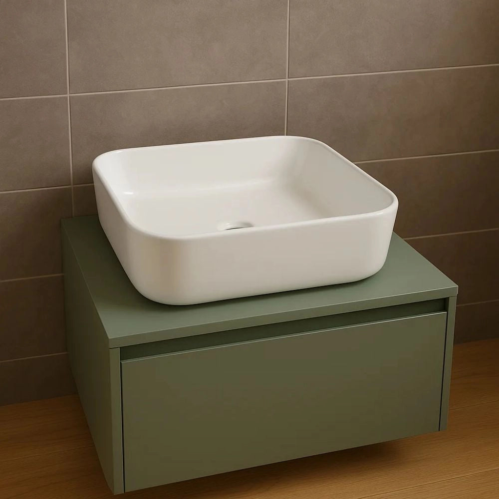 Lavabo d'appoggio ceramica bianco quadrato lavandino bagno dimensioni cm 38,5x38,5x14 *** finitura- lucido, confezione 1
