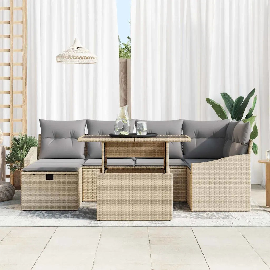 Set Divano da Giardino con cuscino 7 pcs Beige Poly Rattan