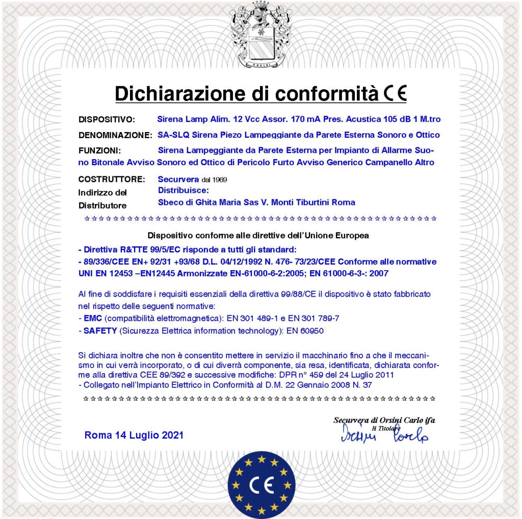 Sirena Lampeggiante con  Trasduttore Piezoelettrico da Parete Melodia Bitonale da 1500 a 4000 Hz 105 dB Alimentazione 12 Vcc Assorbimento 170 mA Fili Polarizzati Contenitore ABS Interno Esterno IP44