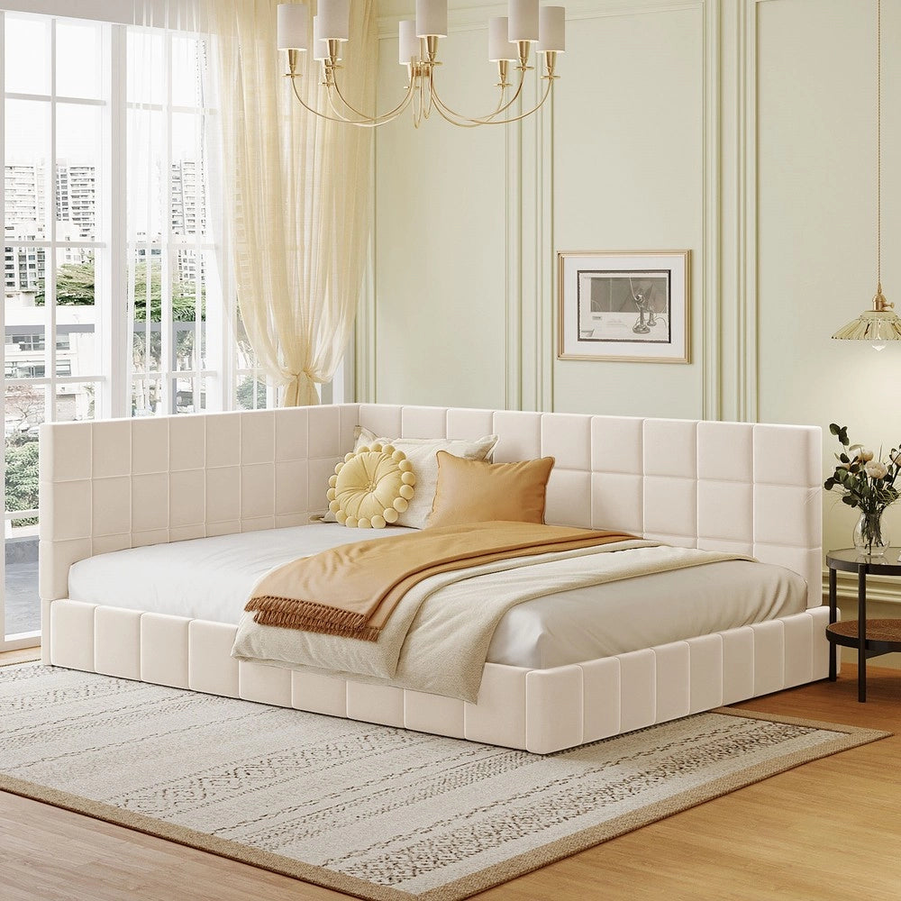 Letto Imbottito con Rete a Doghe ¨C MINIMAL ¨C Velluto Beige 140x200