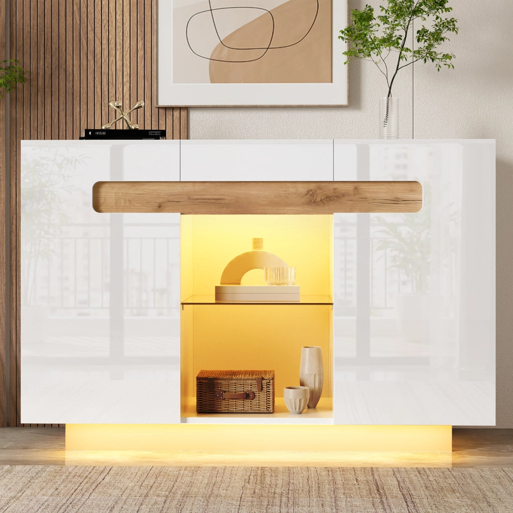 SIDEBOARD LED 120x40x80 cm Bianco e Effetto Legno Naturale