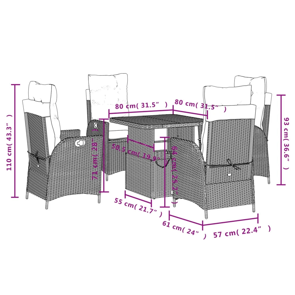 Set da Pranzo da Giardino 5 pz Nero con Cuscini in Polyrattan 3277434