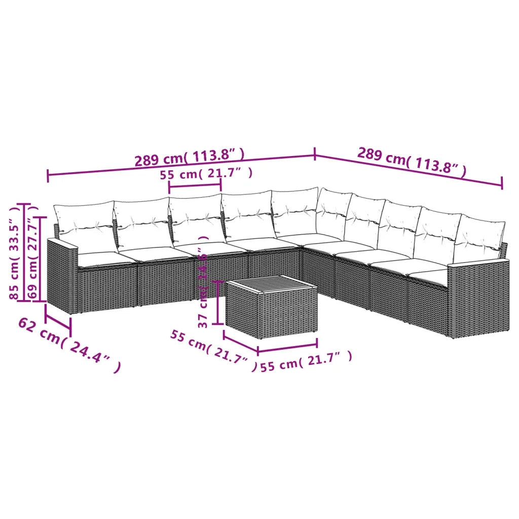 Set Divani da Giardino 10pz con Cuscini in Polyrattan Nero 3226062
