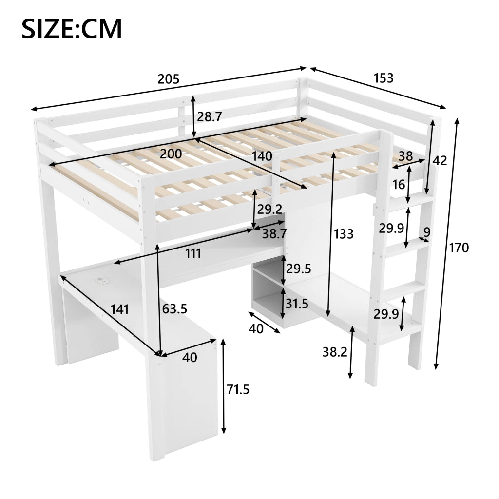 LETTO A CASTELLO ALTO 140x200 con scrivania integrata, LED e USB, bianco