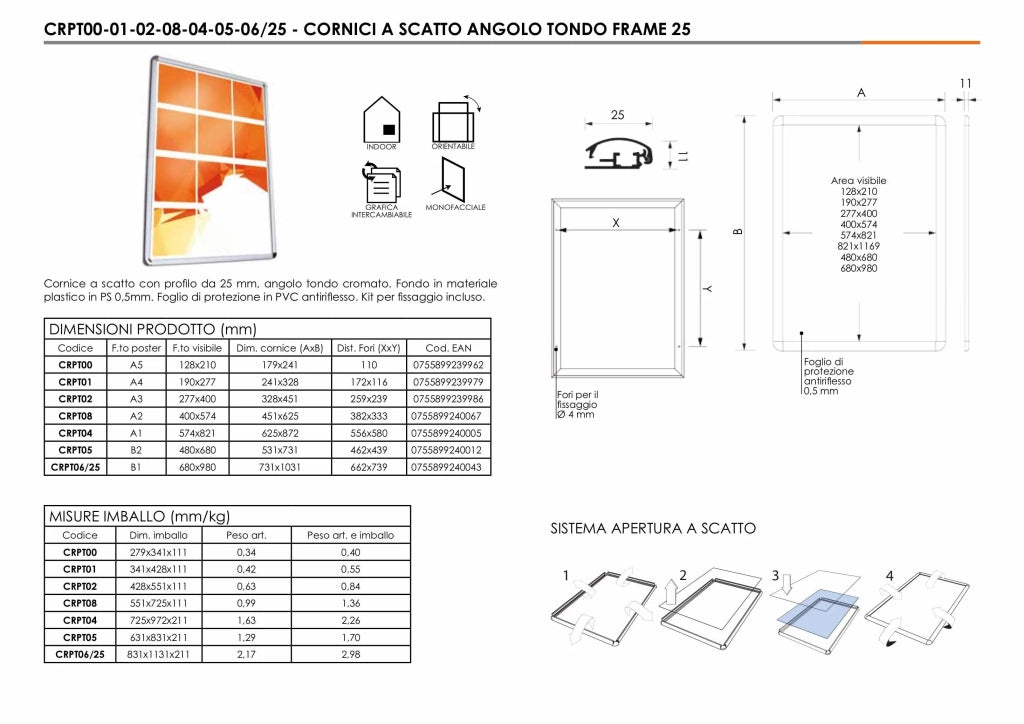 Cornice a scatto 50 x 70 profilo 25mm angolo tondo