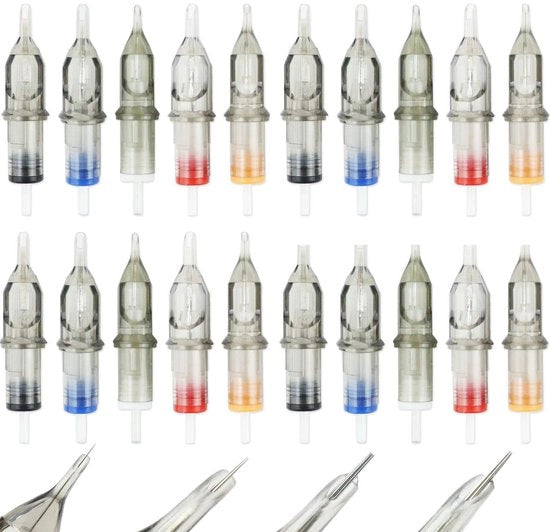 Cariche per Tatuaggio 20 pezzi - Aghi da Smaltimento - Trucco Permanente - Stilo/Riduttore a Bordo - Attrezzatura per Tatuaggio - Compatibile con Pennelli per Macchina