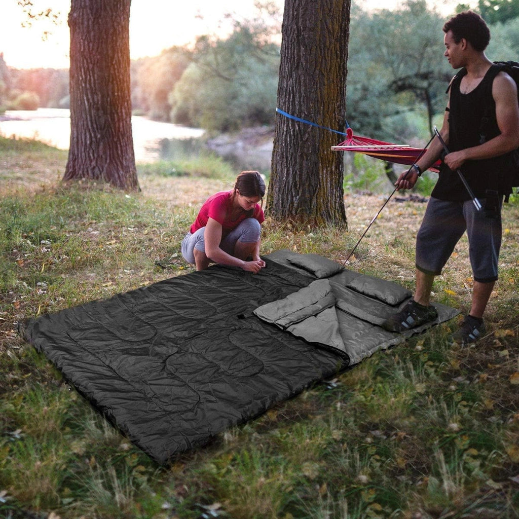 Sacco a Pelo Matrimoniale, Sacco a Pelo XL Matrimoniale per 2 Persone, con 2 Cuscini, per Campeggio, Escursionismo, attività all'Aria Aperta, 220 x 150 cm(Nero)