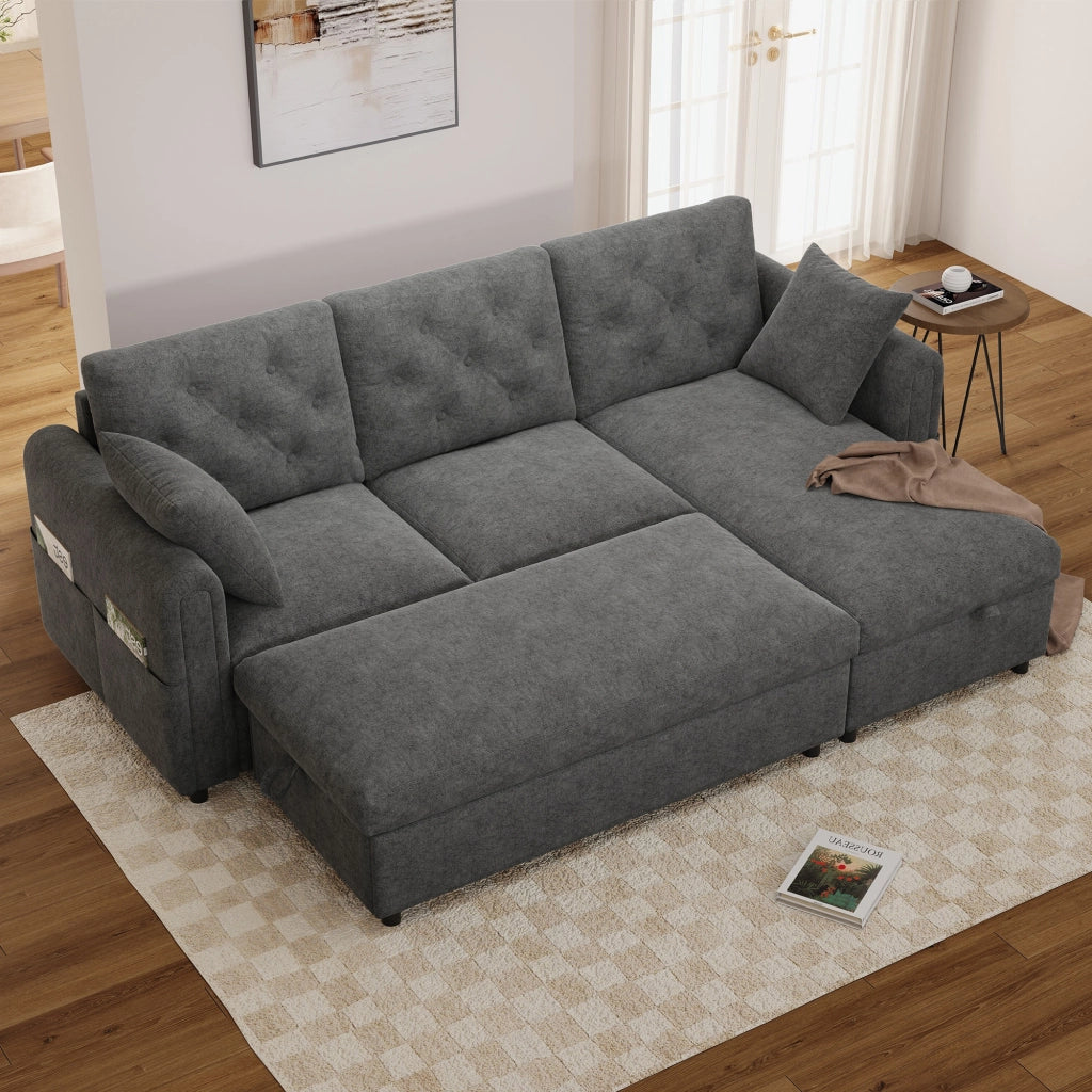 DIVANO con Chaise Longue e Pouf Contenitore 219x131x86 cm Velluto Grigio