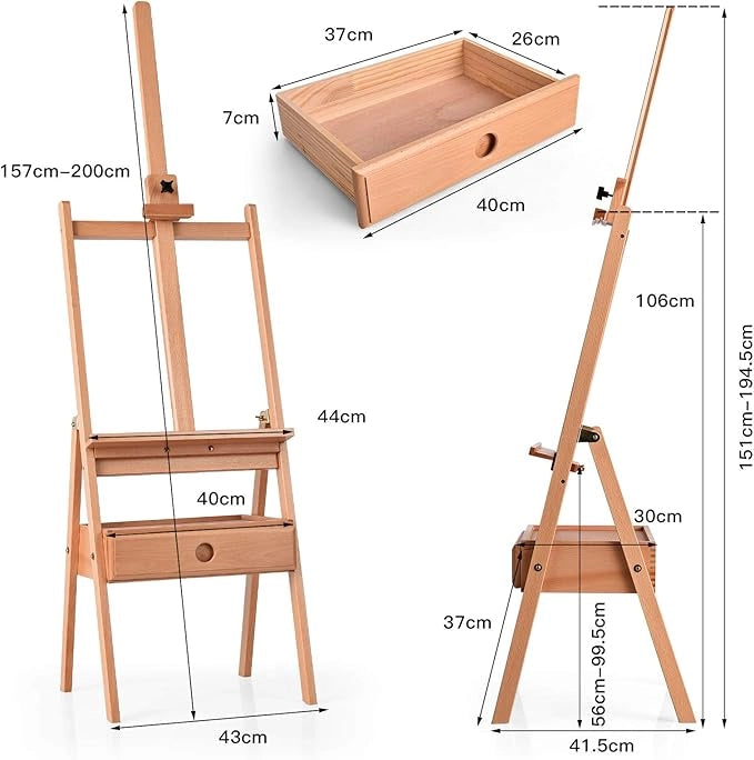 Cavalletto Pittura Legno con Cassetto e Vassoio, Cavalletto Disegno per Dipingere, Pittore Altezza Regolabile, 44x44x(149,5-193,5) cm
