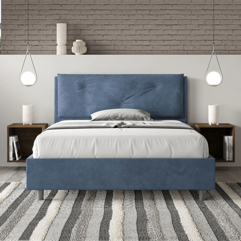 BS COM Letto matrimoniale francese contenitore imbottito 140x210 microfibra blu Large