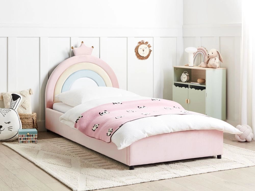 Letto singolo in velluto blu imbottito con base a doghe e contenitore rosa 90 x 200 cm Cameretta Bambini Moderna Tradizionale
