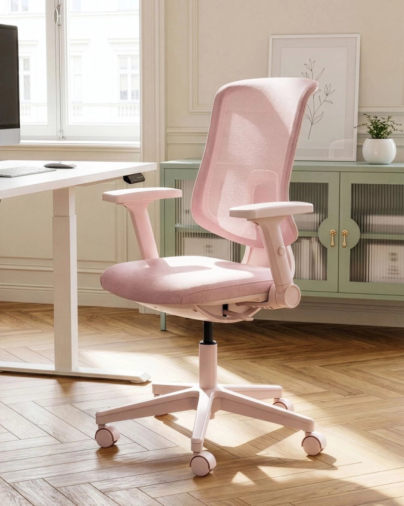 Sedia da ufficio in tessuto e rete rosa, schienale e braccioli regolabili, design moderno, per l'ufficio domestico