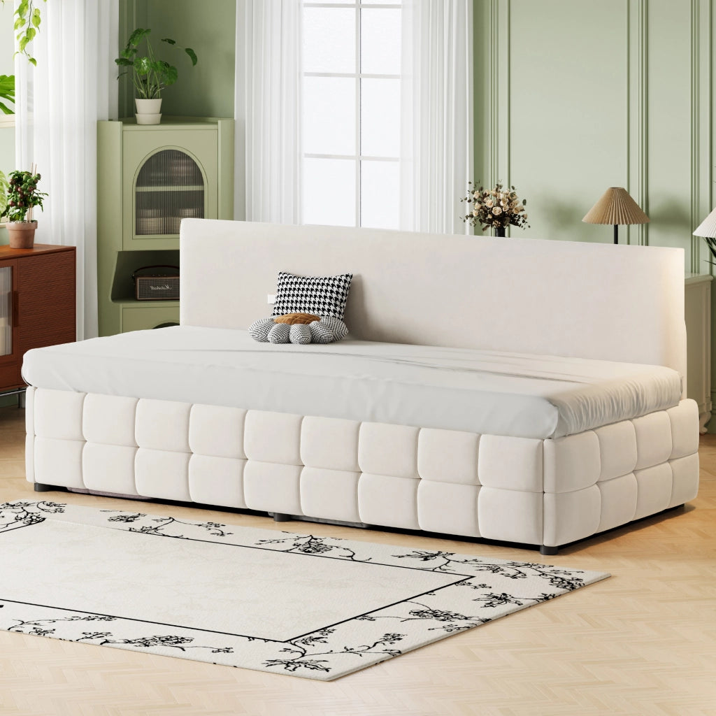 Letto sofà con vano contenitore idraulico velluto beige 90x200 cm