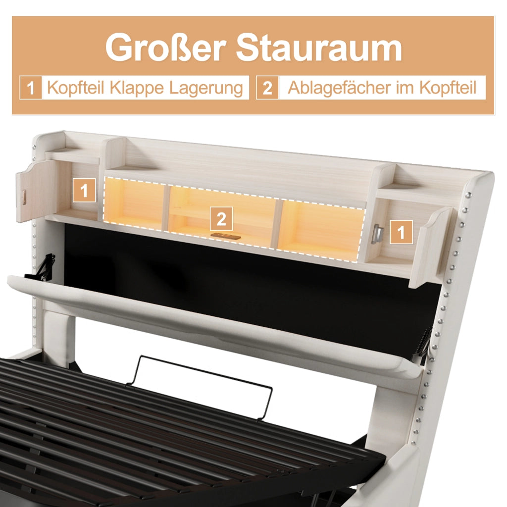 Letto Imbottito Contenitore con LED e USB ¨C MINIMAL ¨C 160x200, Beige, Idraulico