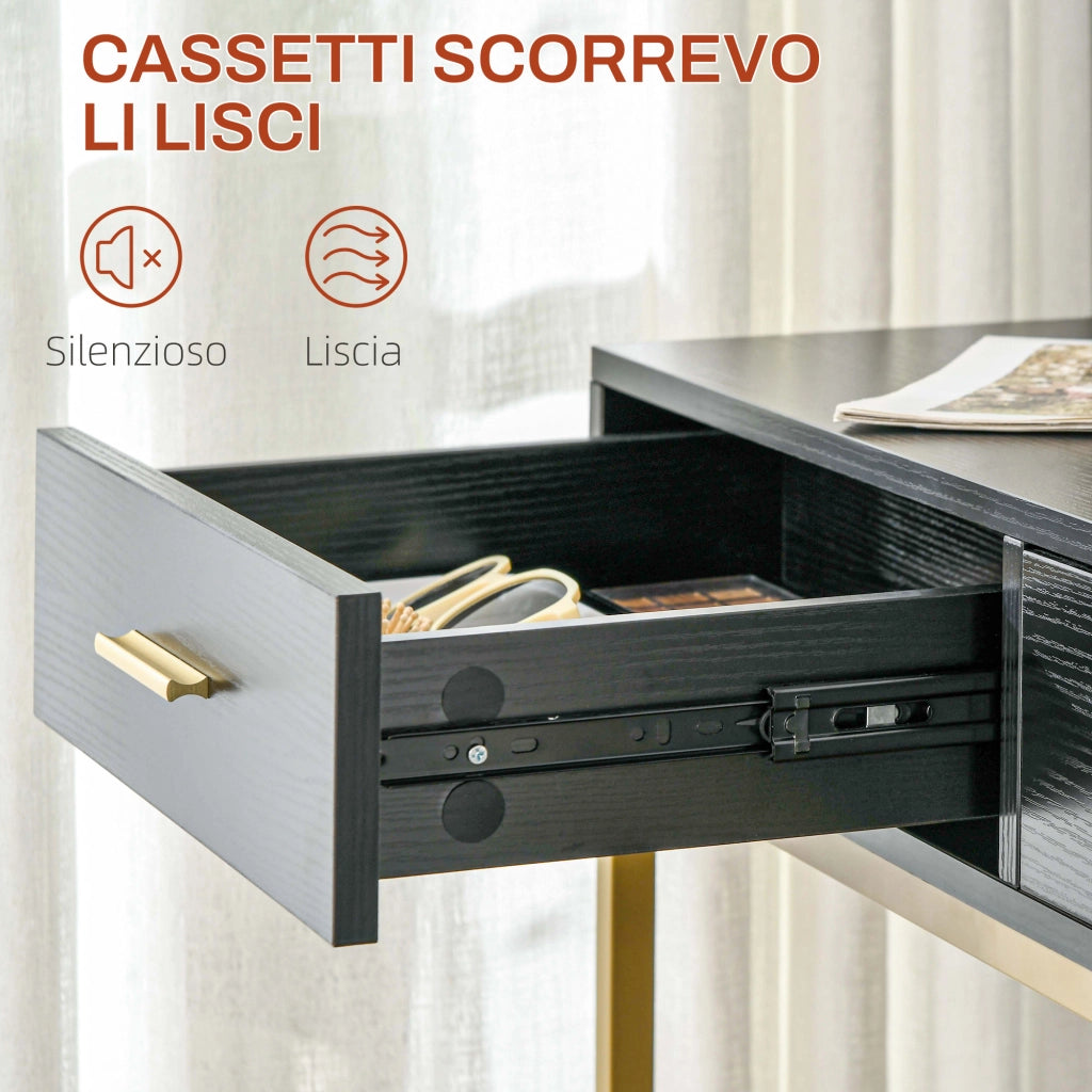 Toeletta Trucco con Specchio 10 Lampadine e Sgabello Imbottito, con 2 Cassetti e Ripiani ¨C Minimal ¨C Nero