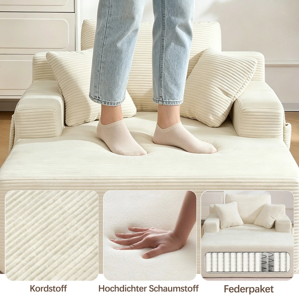 DIVANO in corduroy beige con tasche laterali e cuscini