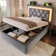 Letto Imbottito Singolo con Contenitore Idraulico e LED ¨C MINIMAL ¨C Velluto Grigio 90x200