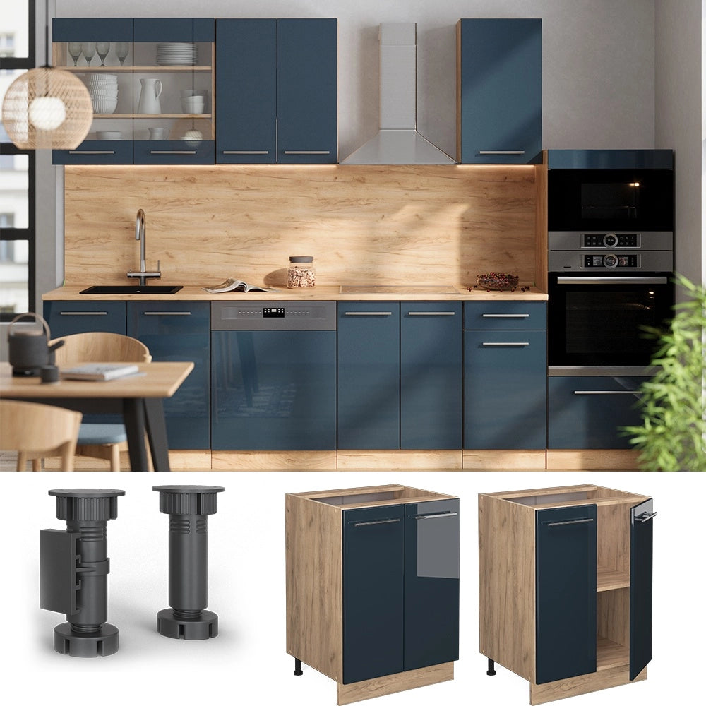 Mobiletto base cucina Fame-Line Blu scuro lucido/Rovere dorato 60 cm, PL Antracite Vicco