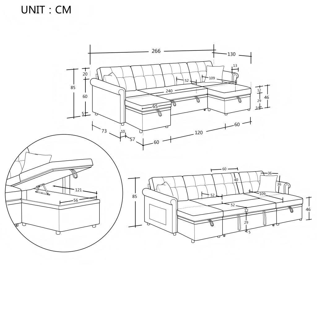 Divano letto angolare 4-5 posti con contenitore e tasca laterale in chenille grigio
