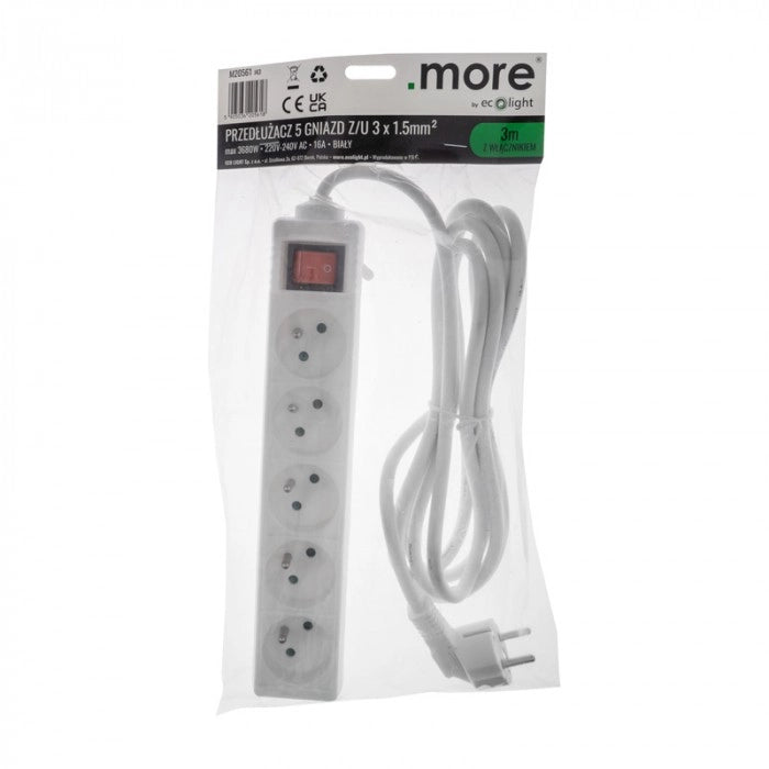 Multipresa 5 prese 3 m con interruttore bianca Ecolight