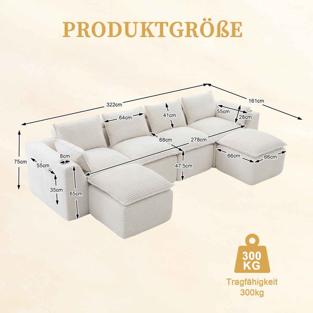 Divano Modulare 4 Posti con Poggiapiedi, Cuscini e Portabicchieri ¨C MINIMAL ¨C Beige, Tessuto a Coste