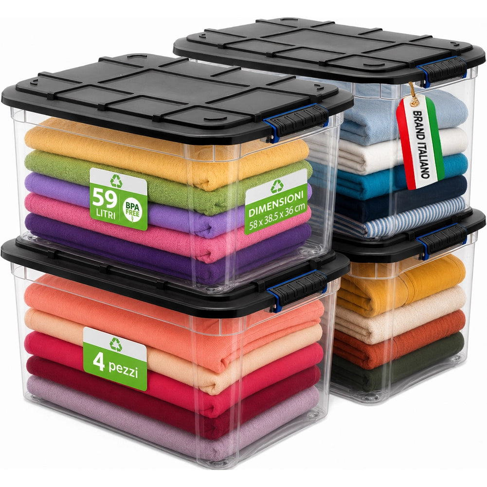 Set 4 Pezzi Contenitori con Coperchio Storage Box Solid Cargo 59L 58x38.5x36 cm