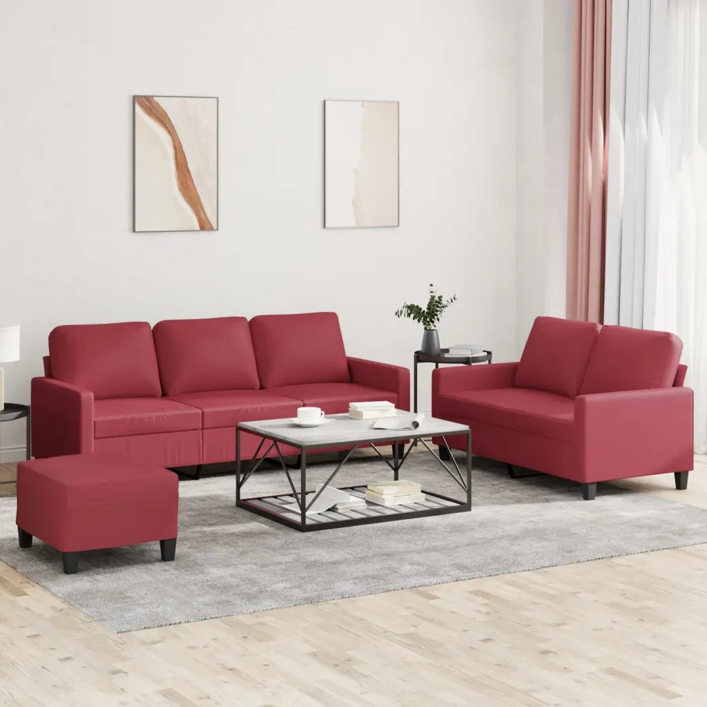 Set di Divani 3 pz con Cuscini Rosso Vino in Similpelle
