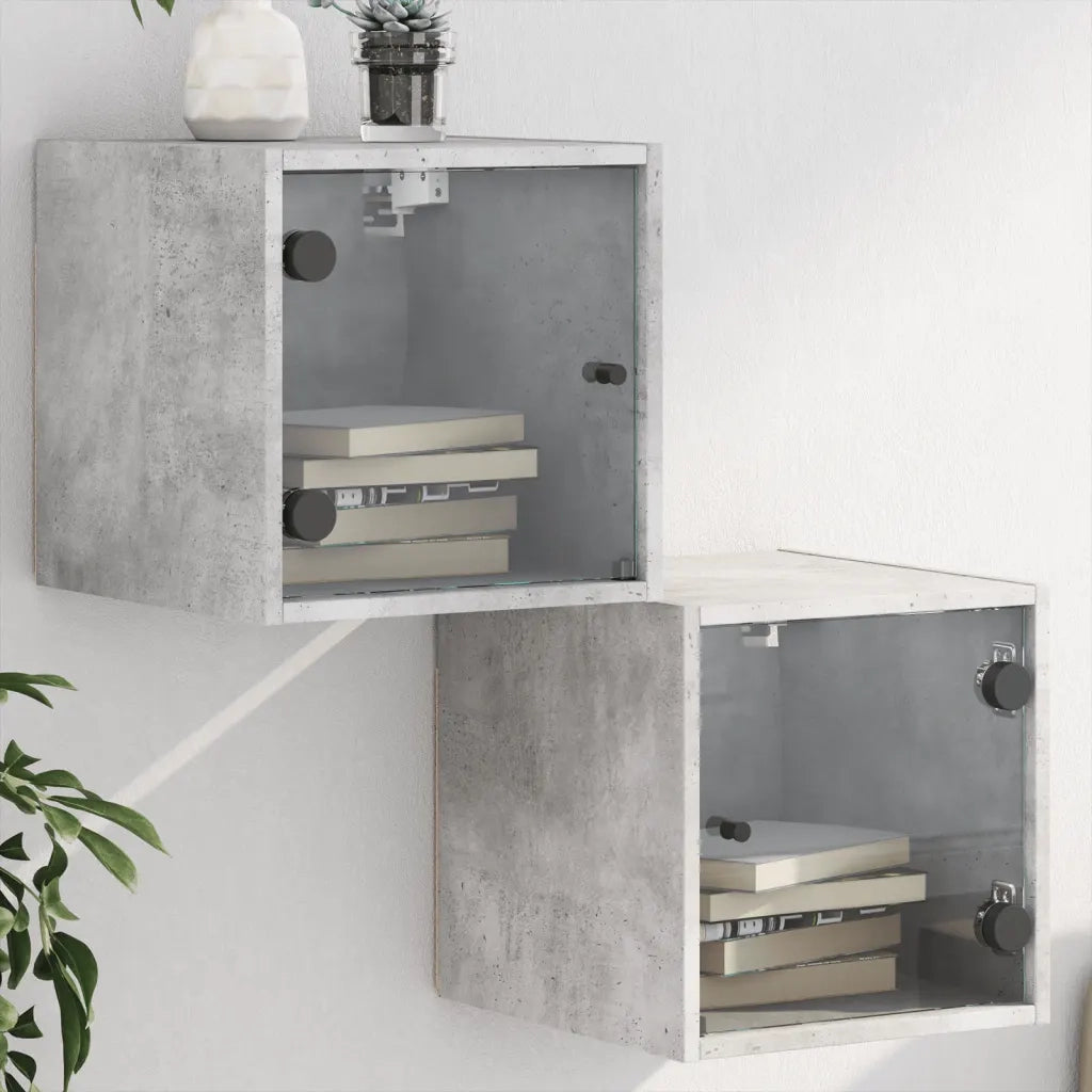Set di 2 Comodini | Armadio da Notte | Mobiletto da notte con Ante in Vetro Grigio Cemento 35x37x35 cm