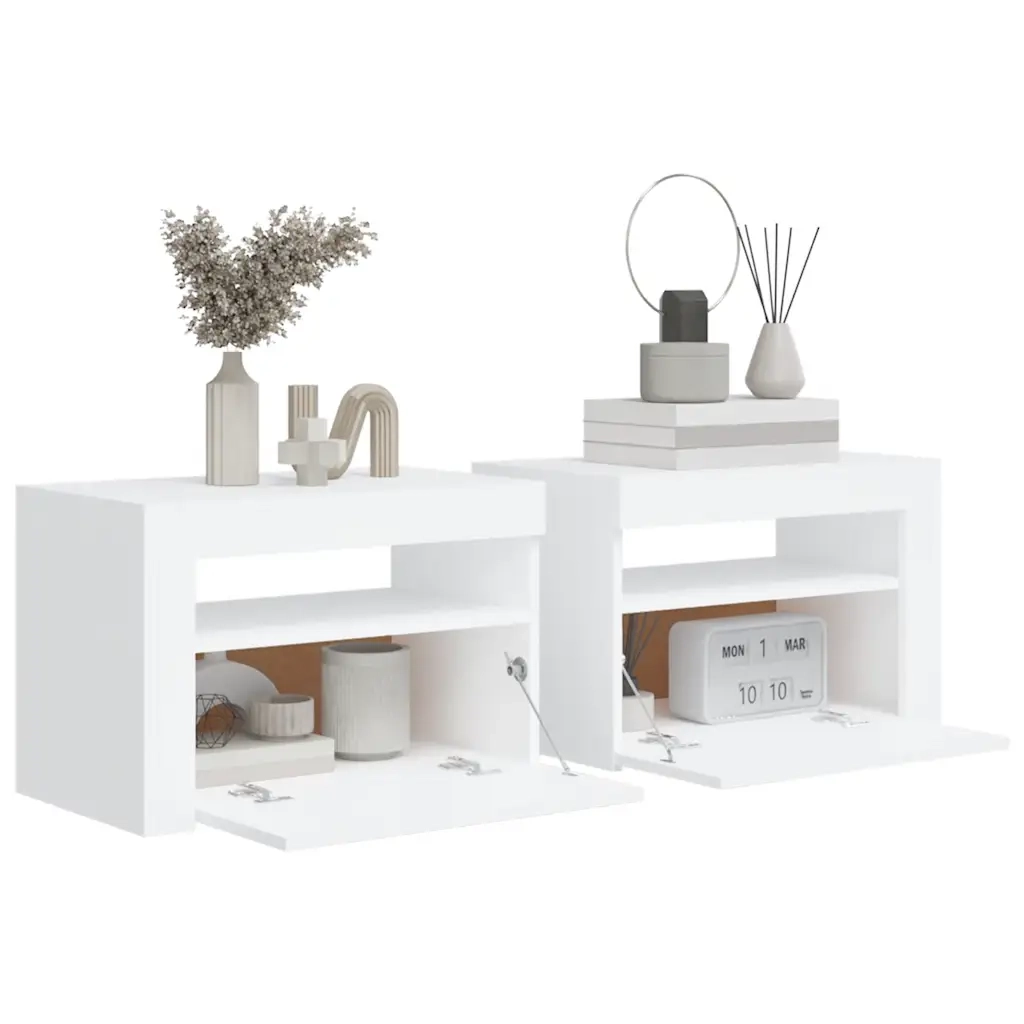 Comodini 2 pz con LED-Set di 2 Tavolino da notte Bianchi 60x35x40 cm