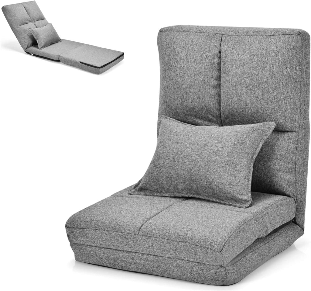 Sedia Pieghevole da Pavimento Portatile, 5 Angoli Regolabile, Cuscino da Seduta con Cuscino per la Schiena, Ideale per Soggiorno Camera da Letto (Grigio)